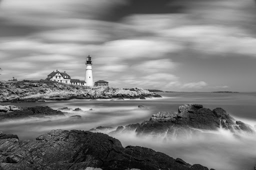 Maine headlight lighthouse in black and white